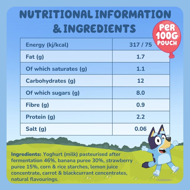 Goodies Bluey Banana & Strawberry Yoghurt Pouch Multipack 4 x 100g, UK version