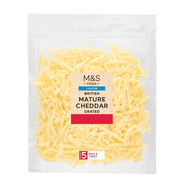 M&S lighter mature grated cheddar 250g, imported from the UK