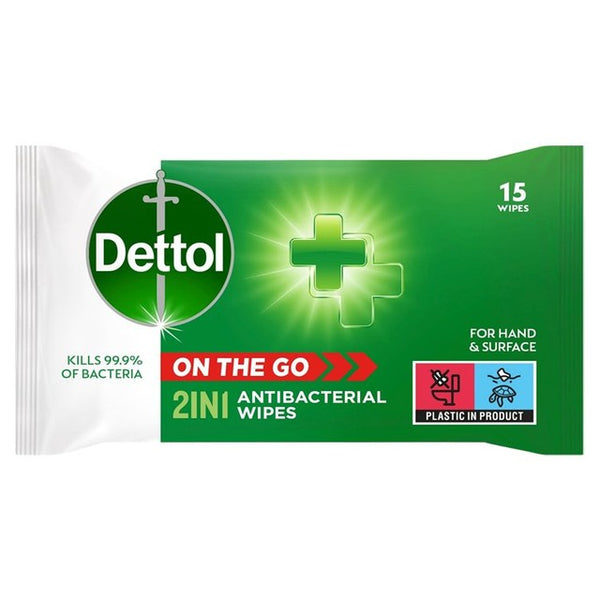 Dettol Antibacterial Wipes 2-in-1 for Hands and Surfaces 15 Wipes
