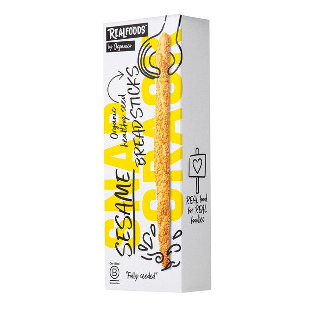 Realfoods organic sesame breadsticks 120g, imported from the UK