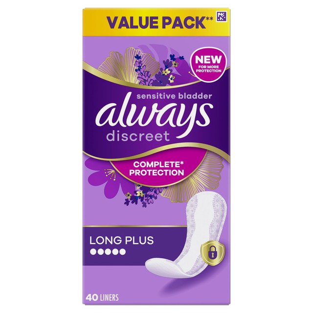 Always Discreet incontinence liners Long Plus 40 count - British product