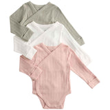 M&S girls pure cotton wrap bodysuits in khaki, size 9-12 months, 3-pack, imported from the UK