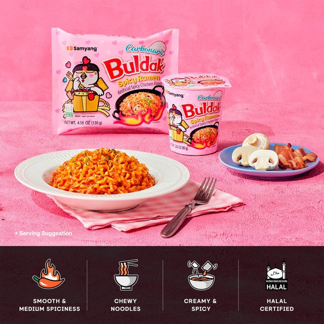 Buldak hot chicken carbonara ramen noodles multipack, UK version