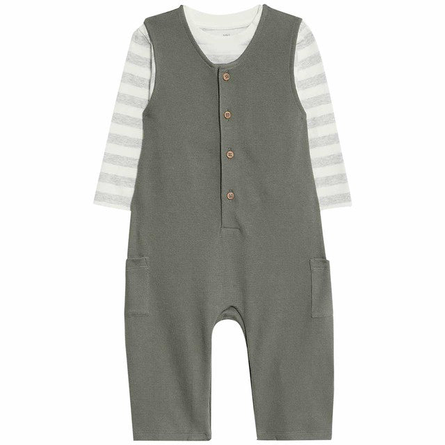 M&S waffle jersey dungaree set in khaki for 0-3 months, imported from the UK