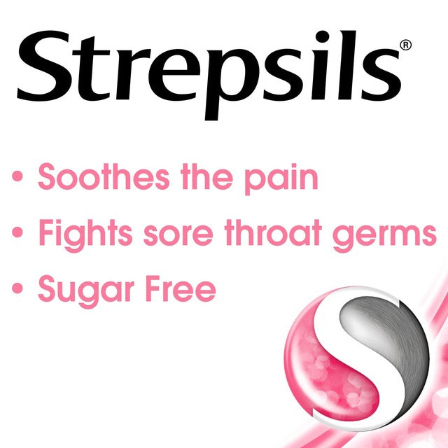 Strepsils Strawberry Sugar Free Sore Throat Lozenges 36 Pack (British brand)