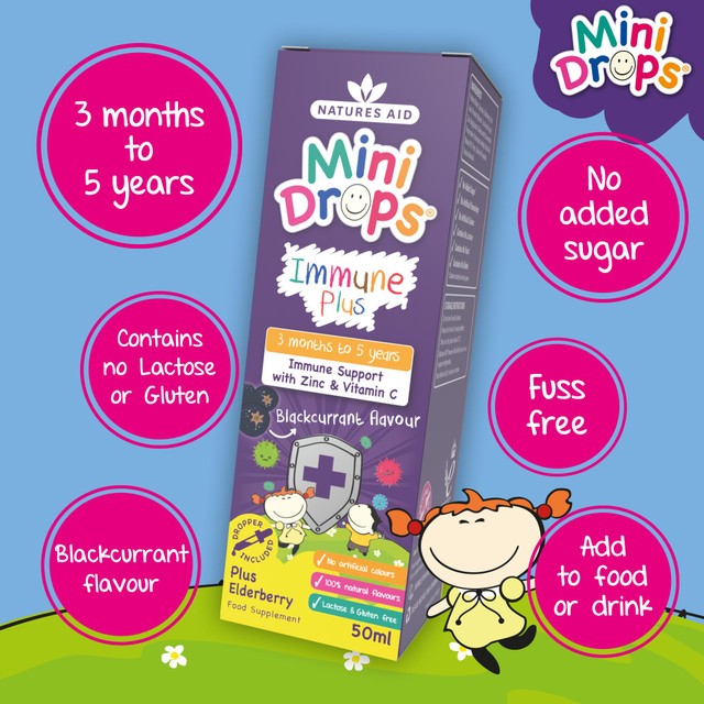 Natures Aid Mini Drops immune supplement blackcurrant flavour, imported from the UK