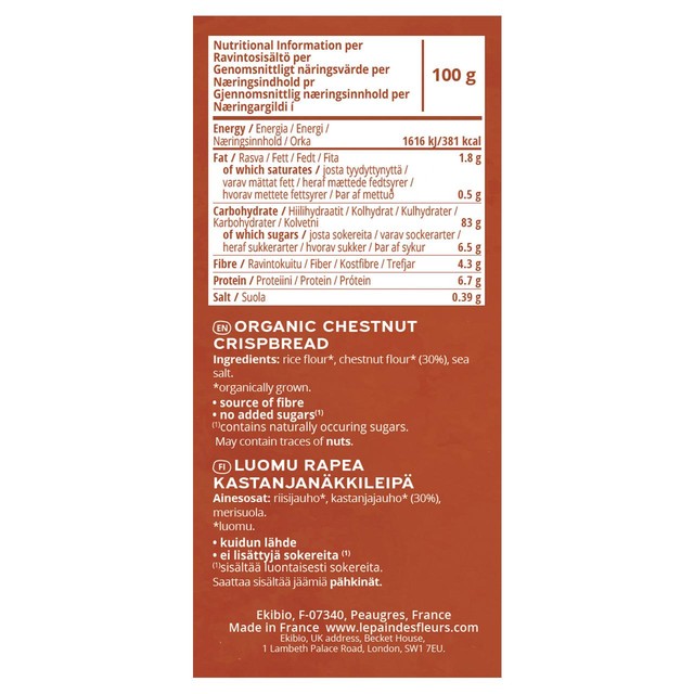Le Pain des Fleurs chestnut crispbread 150g, UK version