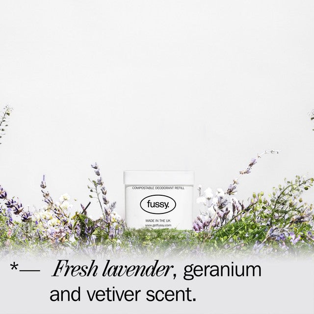 Fussy Lavender Fields refillable natural deodorant, UK version