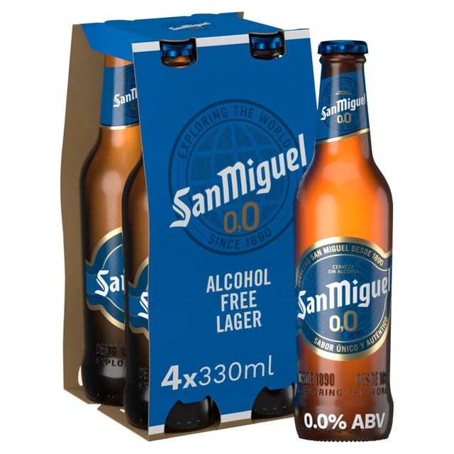San Miguel alcohol-free Spanish lager beer 4 x 330ml bottles (British brand)