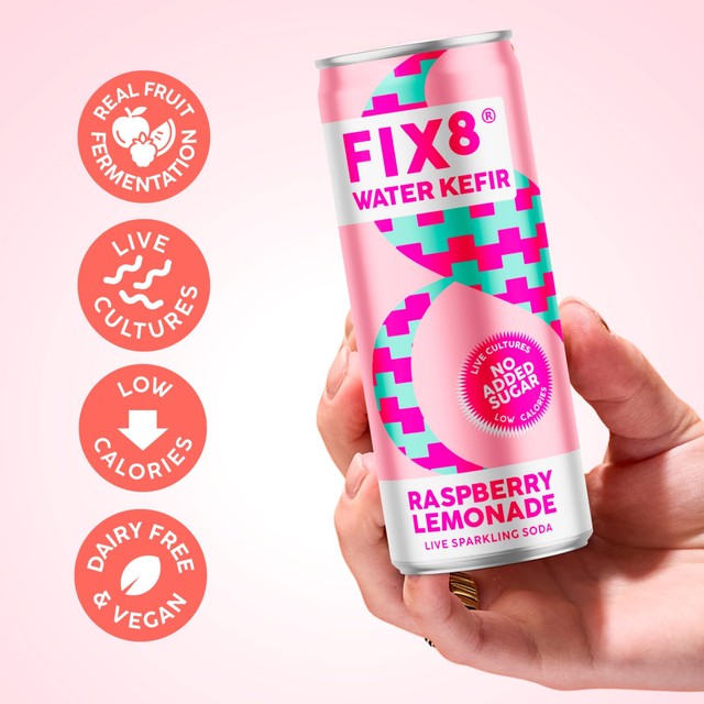 Fix8 water kefir raspberry lemonade, UK version