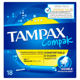 Tampones regulares con aplicador de plástico compacto para flujo ligero a medio, paquete de 18 unidades.