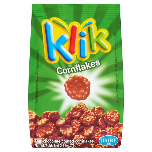 Klik milk chocolate coated corn flake bites 75g, UK version