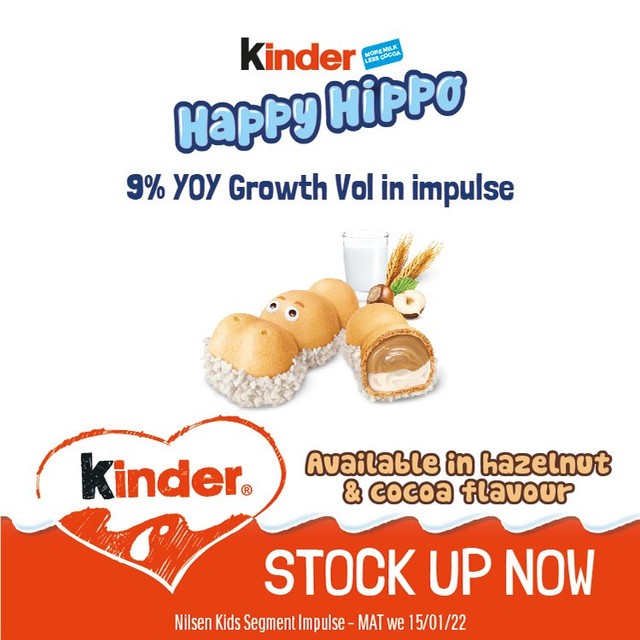 Kinder Happy Hippo milk and hazelnut crispy wafer biscuits 103.5g, UK version