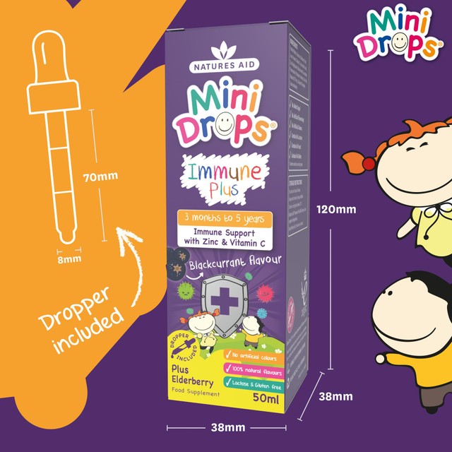 Natures Aid Mini Drops immune supplement blackcurrant flavour, imported from the UK