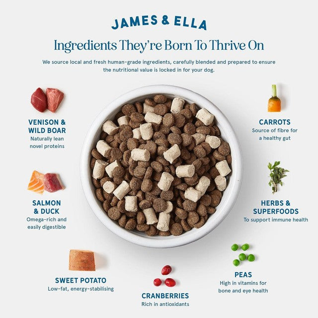 James & Ella raw kibble dog food with freeze-dried game, UK version