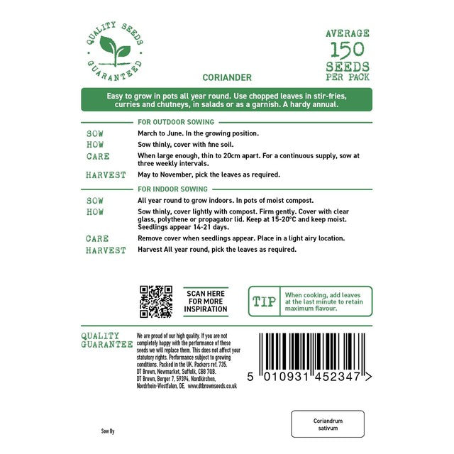 Mr Fothergills Seeds D.T. Brown Coriander Cilantro for Leaf 150 seeds, imported from the UK