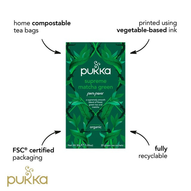 Pukka Supreme Matcha Green Herbal Tea Bags x20, imported from the UK