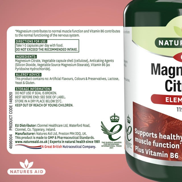 Natures Aid magnesium citrate supplement capsules 60 capsules, imported from the UK