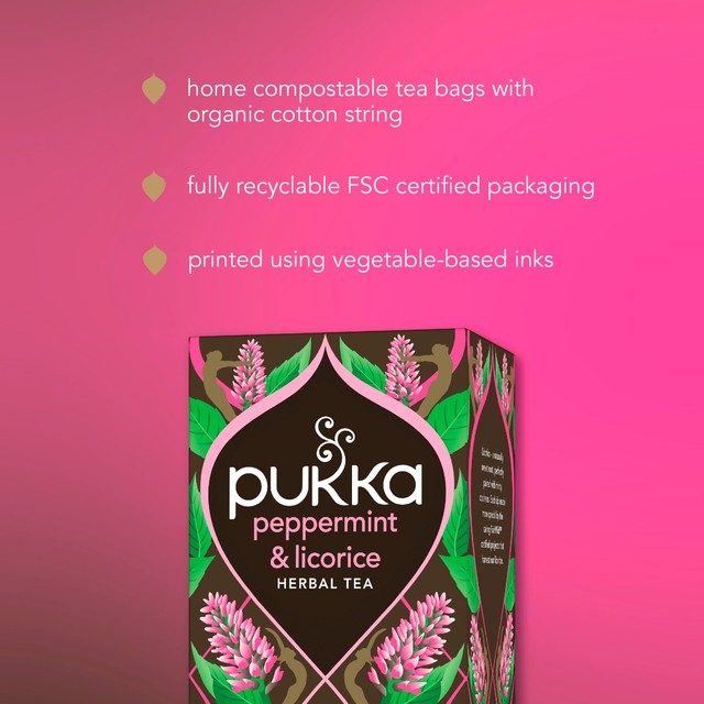Pukka Herbs peppermint and licorice herbal tea bags x20, imported from the UK