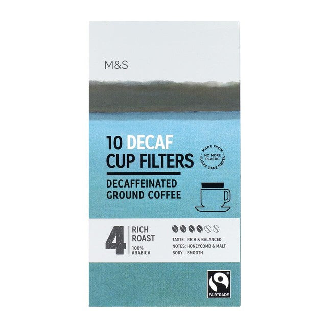 M&S decaffeinated one cup coffee filters 10 pack, imported from the UK
