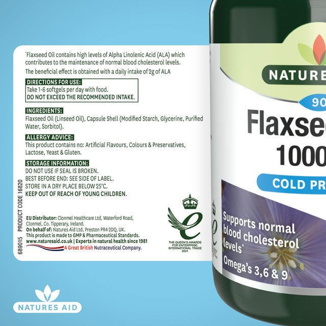 Natures Aid Vegetarian Flaxseed Oil 1000mg capsules, imported from the UK