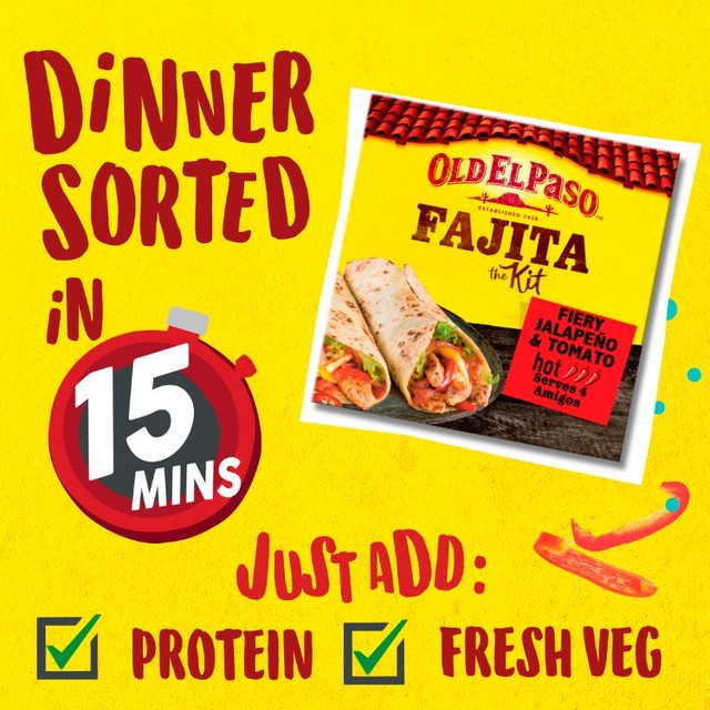 Old El Paso fiery jalapeno and tomato fajita kit 500g, imported from the UK