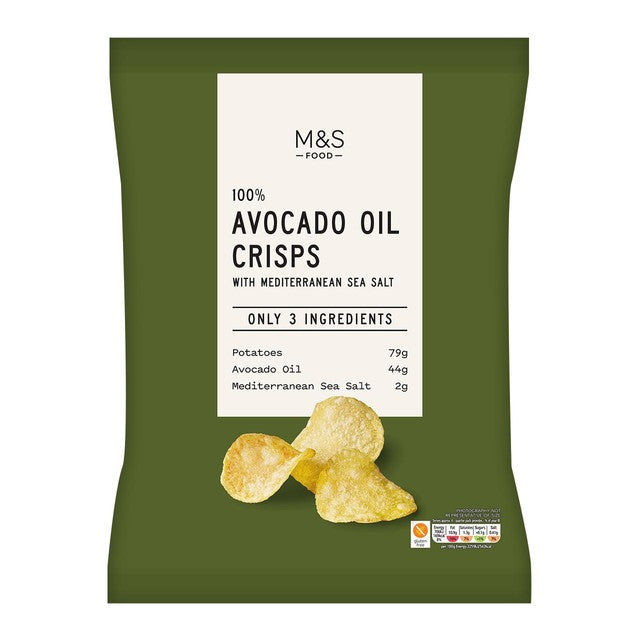 M&S avocado oil crisps with Mediterranean sea salt 125g, imported from the UK
