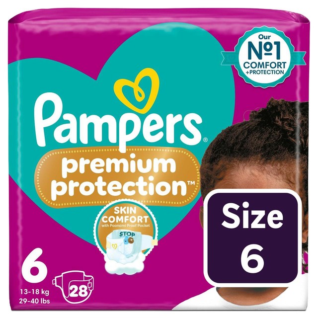 Pampers Premium Protection nappies Essential Pack Size 6 28 nappies, imported from the UK