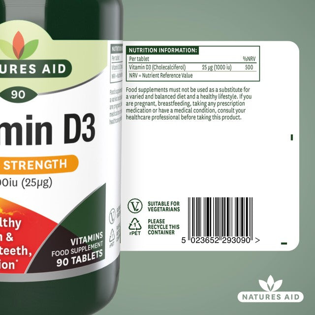 Natures Aid High Strength Vitamin D3 Tablets 1000iu 90 Tablets, imported from the UK
