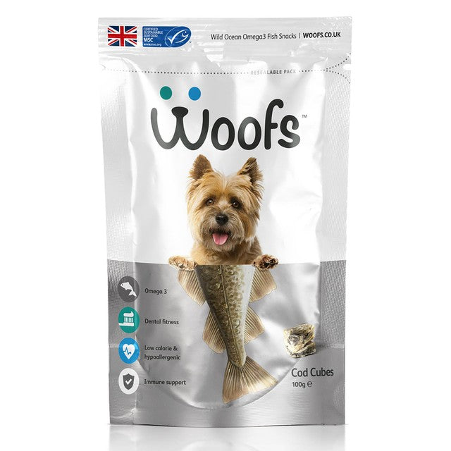 Woofs cod cubes dog treats 100g with 100% natural MSC fish (British brand)