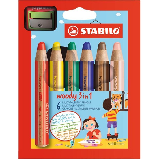 Stabilo Woody 3in1 colouring pencils wallet 6 colours (British brand)