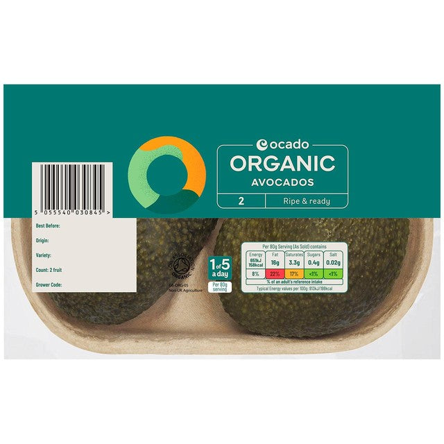 Ocado Organic Ripe Ready Hass Avocados 2 pack, imported from the UK