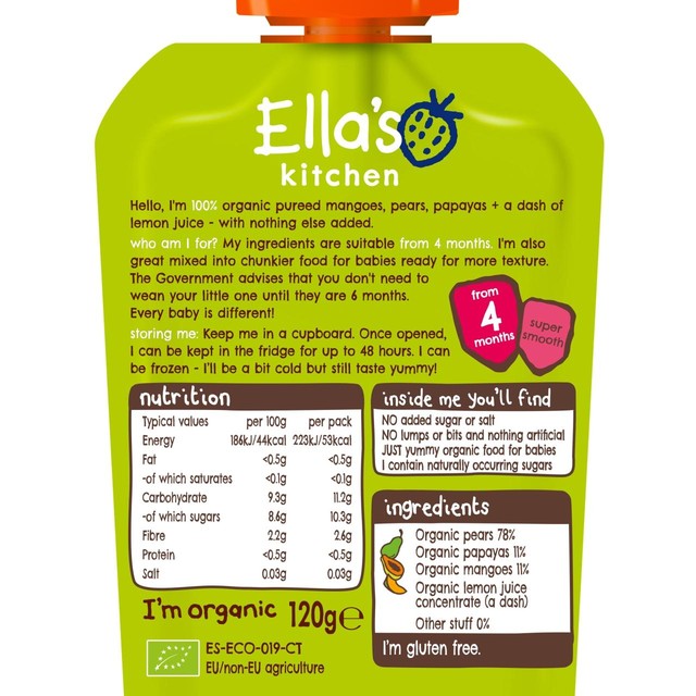 Ella's Kitchen mangoes pears papaya baby food pouch 120g - British product