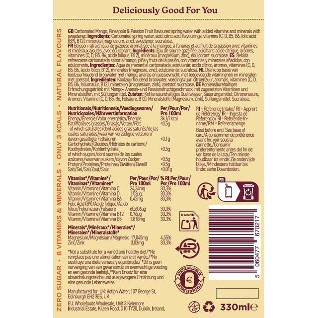 Activit sparkling vitamin water mango passionfruit, imported from the UK