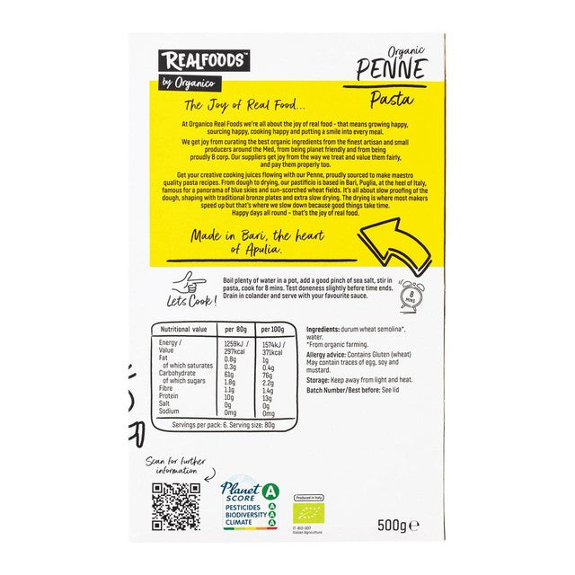 Realfoods by Organico organic penne pasta 500g, imported from the UK