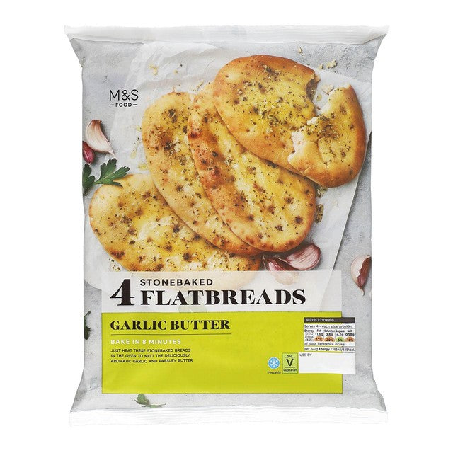 M&S garlic flatbreads 386g, imported from the UK