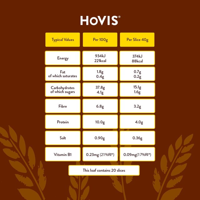 Hovis tasty wholemeal medium sliced bread 800g, UK version
