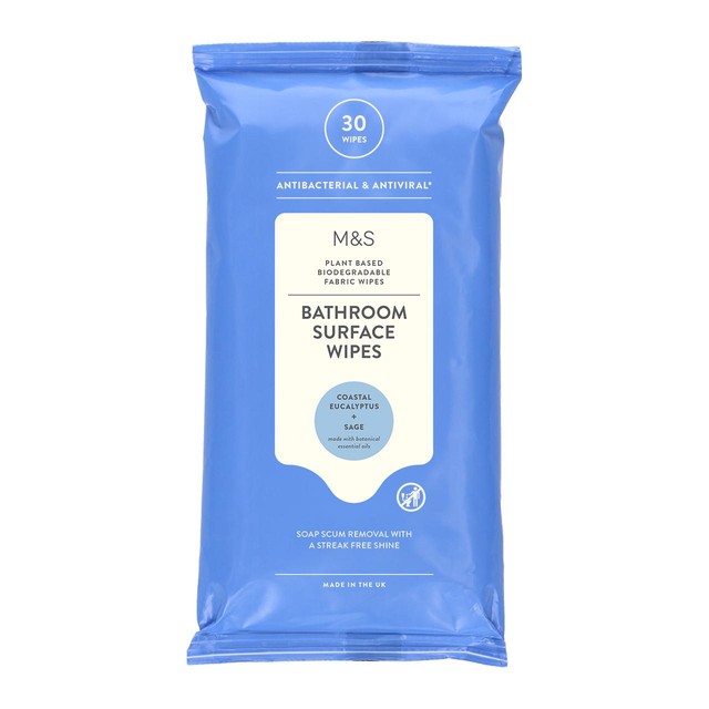 M&S biodegradable antibacterial bathroom wipes with coastal eucalyptus and sage fragrance 30 pack, imported from the UK