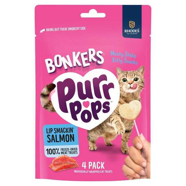 Bonkers Purrpops salmon flavoured cat treats lollipops pack of 4, imported from the UK