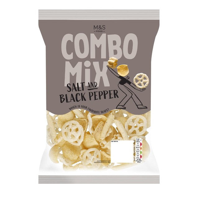 M&S salt and black pepper shaped potato snacks 150g, imported from the UK