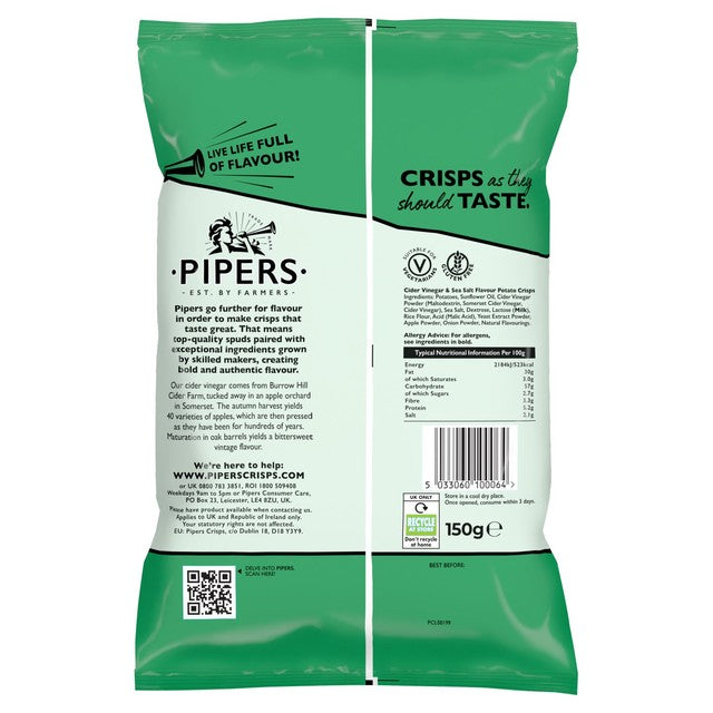 Pipers Cider Vinegar Sea Salt Crisps 150g, imported from the UK
