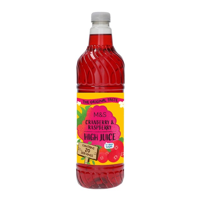 M&S cranberry and raspberry high juice squash 1L, imported from the UK