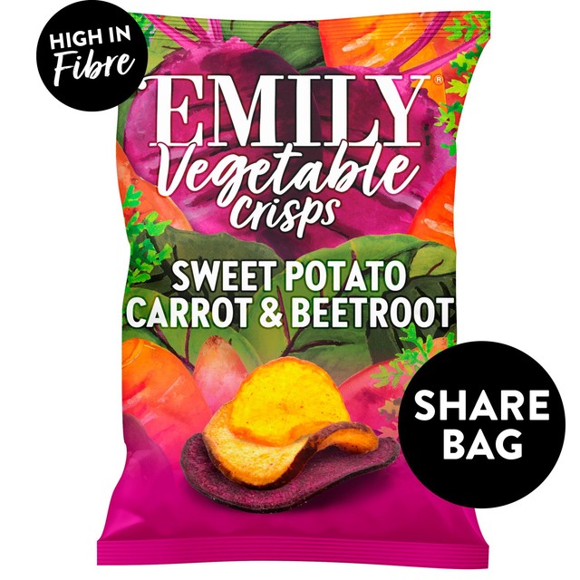 Emily Veg Crisps vegetable crisps with sweet potato, carrot, and beetroot, sharing bag - British product