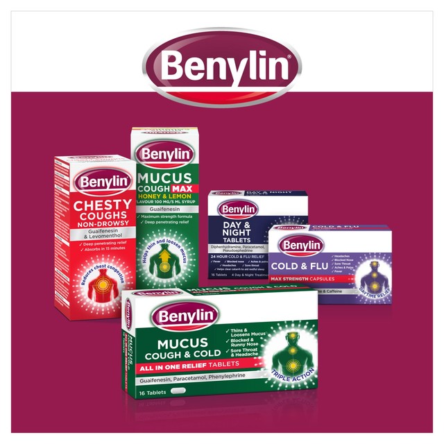 Benylin maximum strength mucus relief tablets for productive cough - British product