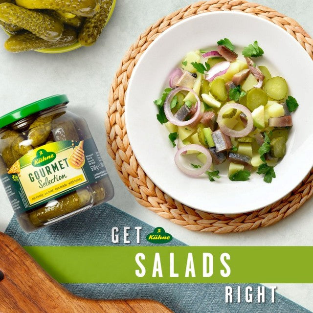 Kuhne gourmet gherkins with honey jar, UK version