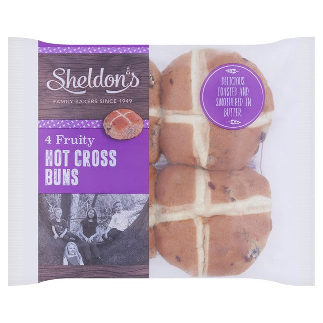 G H SHELDON fruited white hot cross buns 4 pack (British brand)