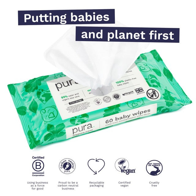 Pura Plastic Free Baby Wipes 3 x60pk, imported from the UK