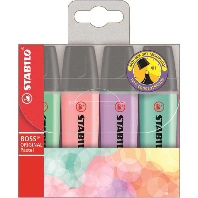 Stabilo Boss pastel highlighter wallet of 4 assorted colours (British brand)