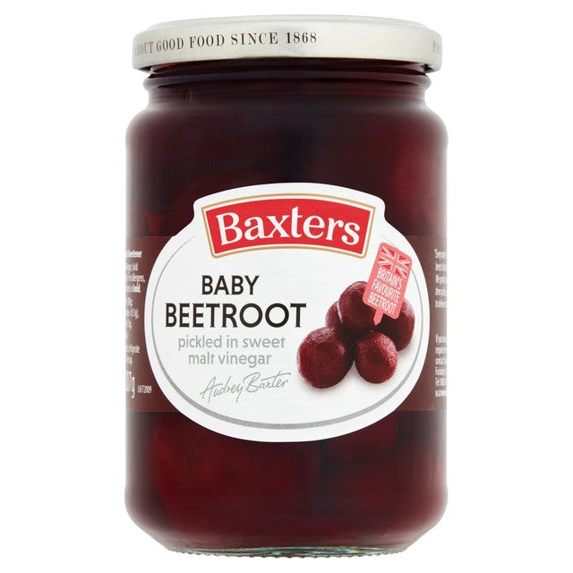 Baxters baby beetroot pickled in malt vinegar, imported from the UK