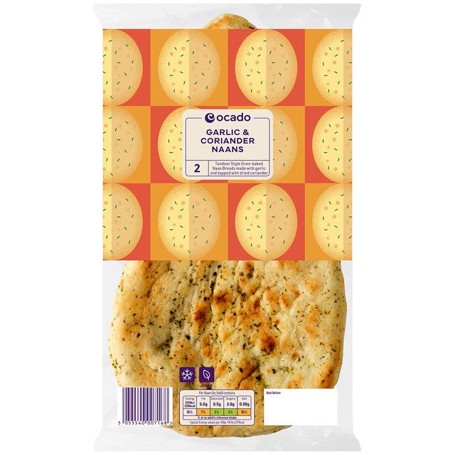 Ocado garlic and coriander naan breads 2 per pack, imported from the UK